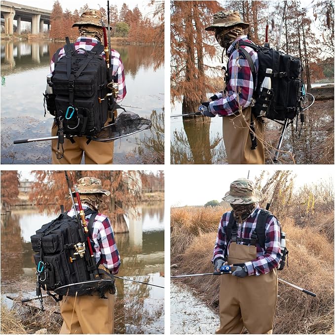 45l Large Fishing Tackle Backpack with Removable Plier Holder & Rod Holders, Black Tactical Bag, Fishing Gear and Tackle Box Organizer, Hiking Rucksack without Tackle Box