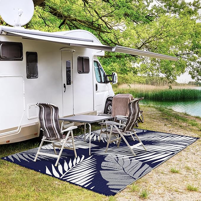 GENIMO Outdoor Rug 9' x 12' Waterproof for Patios Clearance, Reversible Outdoor Plastic Straw Camping Rug Carpet, Large Area Rugs Mats for RV, Camper, Deck, Balcony, Porch, Beach, Navy Blue&White