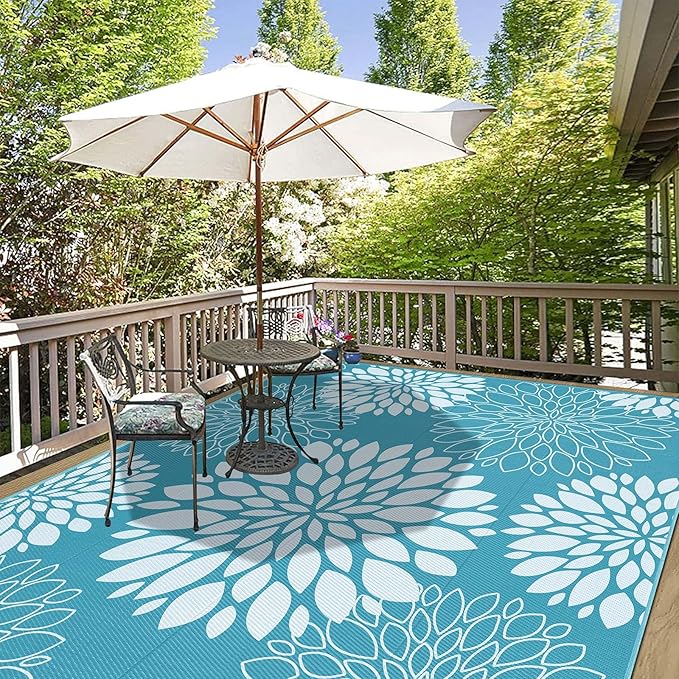 Ileading Reversible Outdoor Rug 8x10Ft Waterproof Patio Rug Carpet Portable Outdoor Plastic Straw Rug Large RV Camping Mat Rug for Patio, Clearance, Deck, Beach, Porch, Camping, Picnic, Teal