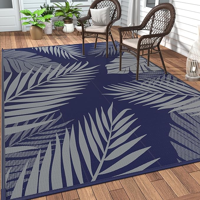 GENIMO Outdoor Rug 9' x 18' Waterproof for Patios Clearance, Reversible Outdoor Plastic Straw Camping Rug Carpet, Large Area Rugs Mats for RV, Camper, Deck, Balcony, Porch, Beach, Navy Blue&Grey