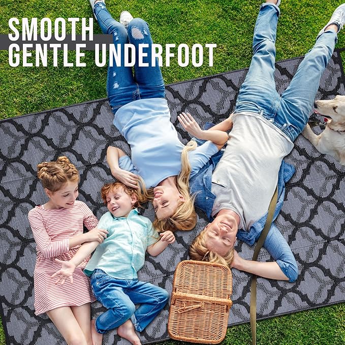 OLANLY Reversible Outdoor Rug 8x10 ft Clearance, Waterproof Outdoor Plastic Straw Rug with Interlacing Pattern, RV Mat for Patio, Camping, Balcony, Deck, Backyard, Black & Grey