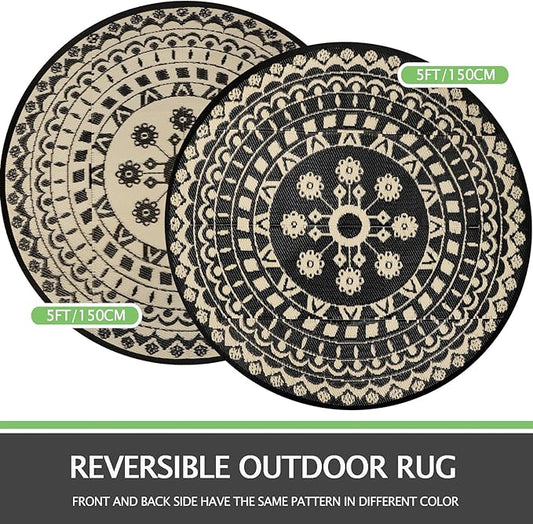 Capslpad 5Ft Round Outdoor Rug for Patio Reversible Mat Waterproof Plastic Straw Rug Boho Circle Indoor Outside Area Rug for RV Camping Picnic Pool Tent Balcony Beach Deck Doormats Decor, Beige