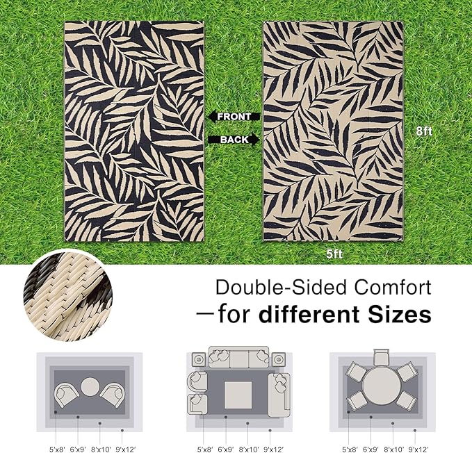 OLANLY Waterproof Outdoor Rug 5x8 ft, Reversible Outdoor Plastic Straw Rug with Leaf Pattern, RV Mat, Indoor Outdoor Carpet for Patio, Camping, Balcony, Deck, Backyard, Black & Beige
