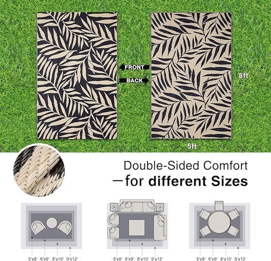 OLANLY Waterproof Outdoor Rug 5x8 ft, Reversible Outdoor Plastic Straw Rug with Leaf Pattern, RV Mat, Indoor Outdoor Carpet for Patio, Camping, Balcony, Deck, Backyard, Black & Beige