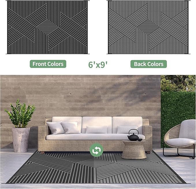 GENIMO Outdoor Rug 6'x9' for Patio Waterproof Clearance, Reversible Outdoor Plastic Straw Rug, Lightweight Carpet Camping Mat for Rv, Camper, Picnic, Balcony, Backyard, Deck, Porch, Black & Gray