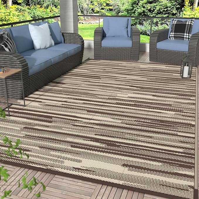 GENIMO Outdoor Rug for Patio Clearance, 6'x9' Waterproof Camping Mat, Reversible Plastic Straw Rugs for RV, Camper, Balcony, Backyard, Picnic, Deck (Coffee Beige)