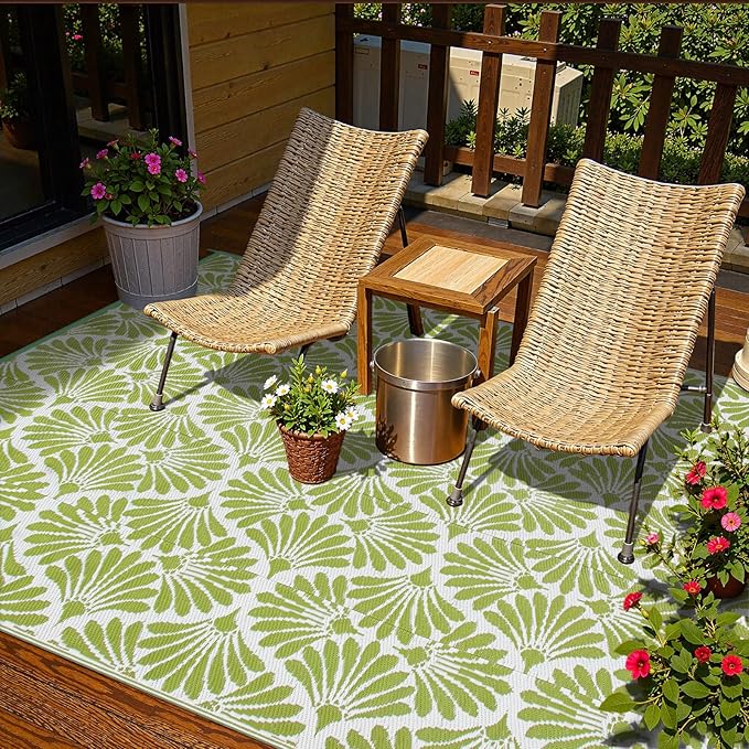 Lahome Outdoor Plastic Straw Camping Rugs, Waterproof 6x9 Outdoor Patio Rugs, Reversible Portable Outside Carpets for Beach Camping Picnic Rv, Pale Green,6'x9'