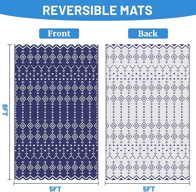 StepRite 5’ x 8’ Reversible Outdoor Rug, Waterproof Plastic Straw Rug, Patio Rug, Large Modern Area Rug Carpet, Indoor Outdoor Rugs for Camping, Porch, Deck, Balcony, Backyard, RV, Picnic(Blue)