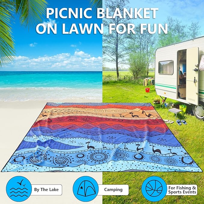 Beach Blanket Waterproof Sandproof Beach Mat 79" X 83" /10'x9'for 2-8 Adults Quick Drying Outdoor Picnic Mat Beach Accessories for Travel, Camping, Hiking