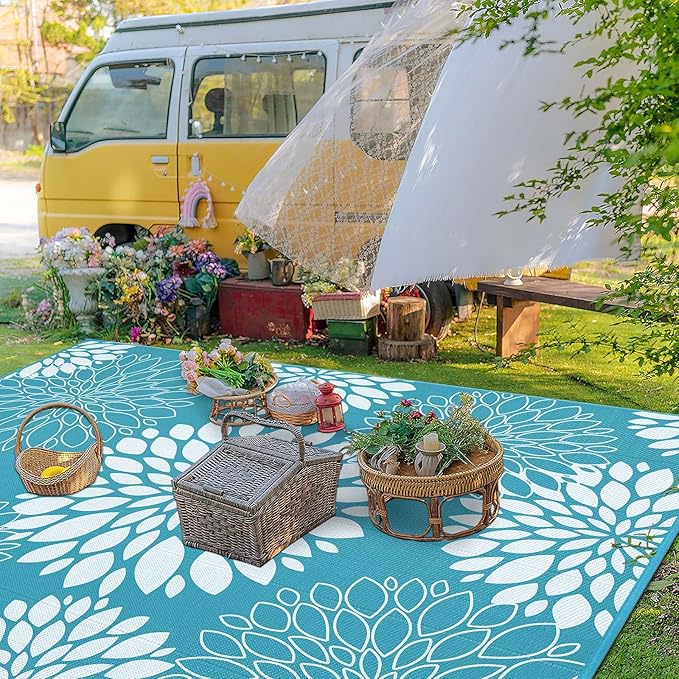 Ileading Reversible Outdoor Rug 9x12Ft Waterproof Patio Rug Carpet Portable Outdoor Plastic Straw Rug Large RV Camping Mat Rug for Patio, Clearance, Deck, Beach, Porch, Camping, Picnic, Teal