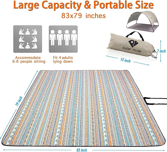 PY SUPER MODE Picnic Blankets Extra Large with Pergola, Orange Boho Waterproof Foldable Outdoor Beach Blanket Oversized 83x79” Sandproof, 3-Layer Picnic Mat for Camping, Hiking, Travel, Park
