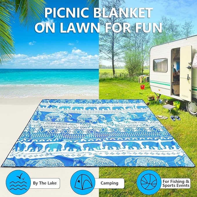 Beach Blanket Waterproof Sandproof Beach Mat for 1-8 Adults Quick Drying Durable Outdoor Picnic Mat for Beach Festival Travel Camping Hiking (Elephant-GC BL, 79"×83"(4 Person))