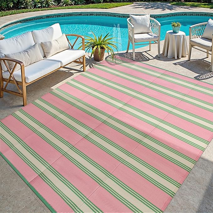 Lahome Striped Outdoor Rug Waterproof, 6x9 Reversible Outdoor Plastic Straw Rug for Camping, RV Patio Rugs Large Carpet for Porch Deck Backyard Balcony Picnic(Pink/Green,6'x 9')