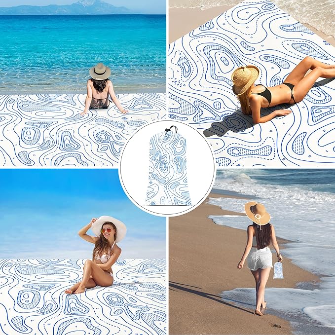 Beach Blanket Sandproof, 78''×86'' Large Waterproof Sand Free Beach Mat for 4 Adults, Big Compact Foldable White Beach Essential with 4 Stakes & 4 Corner Pockets for Picnic, Camping, Travel