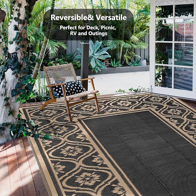 Plastic Outdoor Rug 6'x9' Waterproof Camping Carpet Outside Area Rug Reversible Brown Rugs for RV Deck Entryance Porch Picnic Balcony Beach