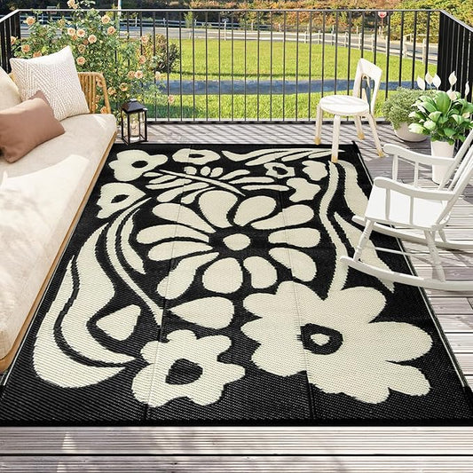 Wonnitar 6x9 Outdoor Rug, Waterproof Plastic Straw RV Outdoor Rugs, Reversible Large Portable RV Camping Rugs, Outsided Abstract Flower Patios Area Rug for Deck Backyard Balcony (Black & White, 6'x9')