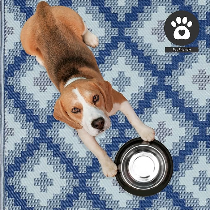 FH Home Outdoor Rug - Waterproof, Fade Resistant, Reversible - Premium Recycled Plastic - Geometric - Patio, Deck, Porch, Balcony, Laundry Room - Aztec Kilim - Blue Multi Crease Free - 4 x 6 ft