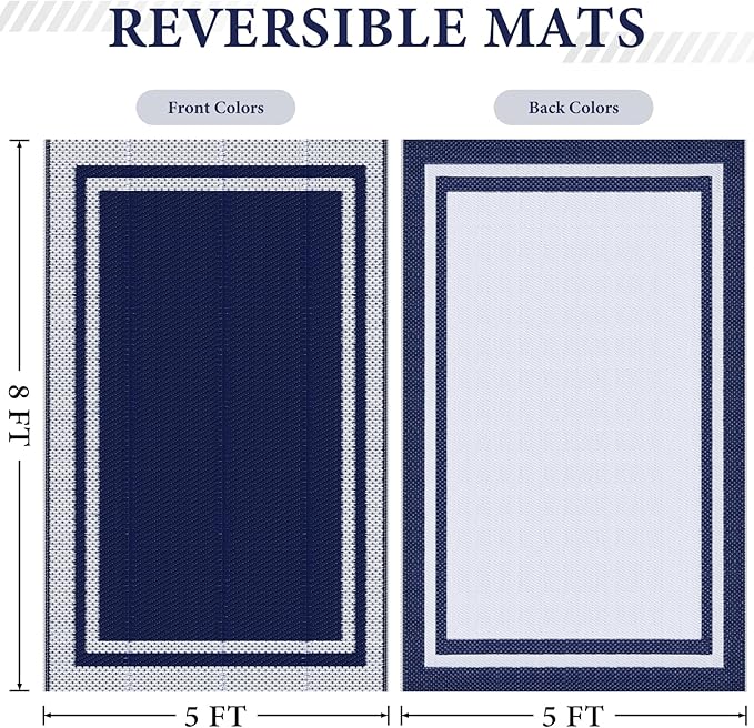 HappyTrends Outdoor Rug Reversible Portable Plastic Straw Camping Rugs for Outside RV,Large Waterproof Outdoor Area Rugs for Patio,Deck,Porch,Balcony (5'x 8',White&Blue)