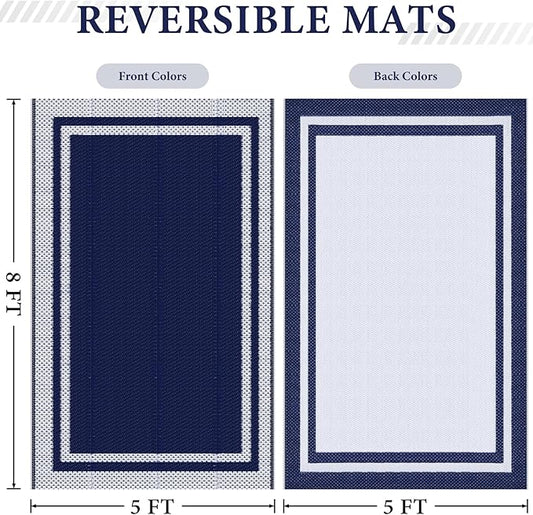 HappyTrends Outdoor Rug Reversible Portable Plastic Straw Camping Rugs for Outside RV,Large Waterproof Outdoor Area Rugs for Patio,Deck,Porch,Balcony (5'x 8',White&Blue)