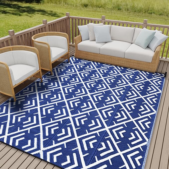Outdoor Plastic Straw Rug, Waterproof Outdoor Rugs for Patios Clearance, Reversible Area Rug, Large Outside Carpet for Camping, Balcony, RV, Deck, Picnic, Beach (6x9ft Boho/Blue&White)
