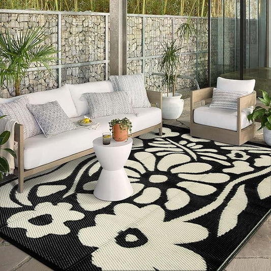 Wonnitar 8x10 Outdoor Patio Rug Clearance,Waterproof Plastic Straw Rugs Reversible Outside Large Mat,Abstract Floral Lightweight Carpet for Backyard Balcony RV Camping Deck (Black & White, 8'x10')