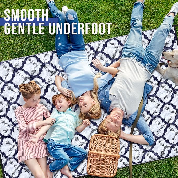 OLANLY Reversible Outdoor Rug 8x10 ft Clearance, Waterproof Outdoor Plastic Straw Rug with Interlacing Pattern, RV Mat for Patio, Camping, Balcony, Deck, Backyard, Navy & White