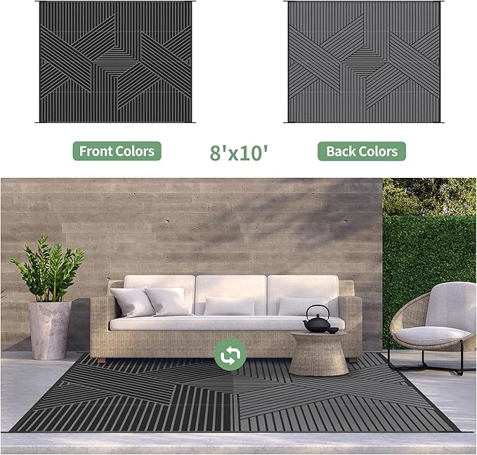 GENIMO Outdoor Rug 8'x10' for Patio Waterproof Clearance, Reversible Outdoor Plastic Straw Rug, Lightweight Carpet Camping Mat for Rv, Camper, Picnic, Balcony, Backyard, Deck, Porch, Black & Gray