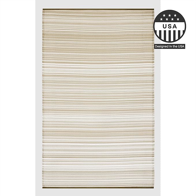 FH Home Outdoor Camping Rug - Waterproof, Fade Resistant, Reversible - Premium Recycled Plastic - Striped - Large Patio, Deck, Sunroom, RV - Havana - Beige - 9 x 18 ft Foldable