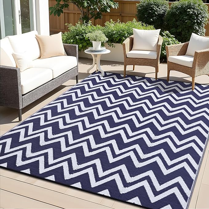 OLANLY Waterproof Outdoor Rug 9x12 ft Clearance, Reversible Outdoor Plastic Straw Rug, RV Mat, Indoor Outdoor Carpet for Patio, Camping, Balcony, Deck, Backyard, Navy & White