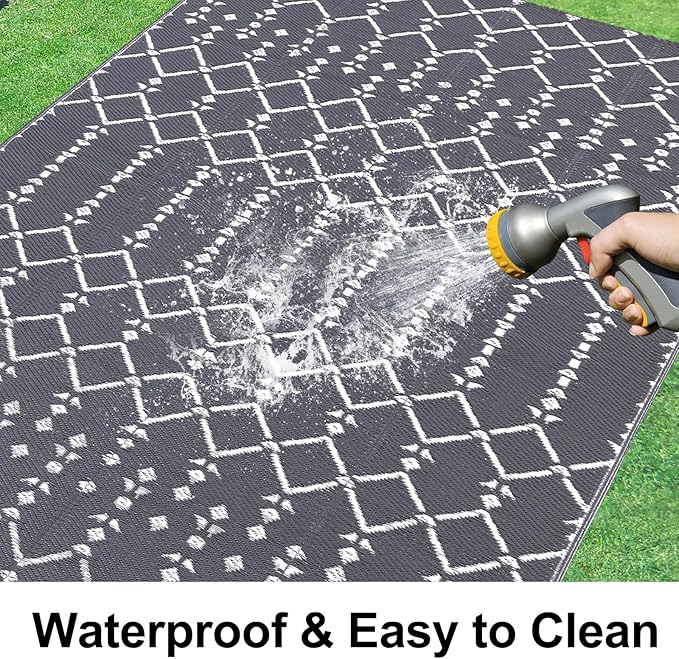 Smiry Outdoor Rug 9x12 ft, Waterproof Reversible Plastic Straw Rugs, Boho Outdoor Area Rug, Outside Floor Mat for Patio, Backyard, Deck, Picnic, Beach, Camping, Grey