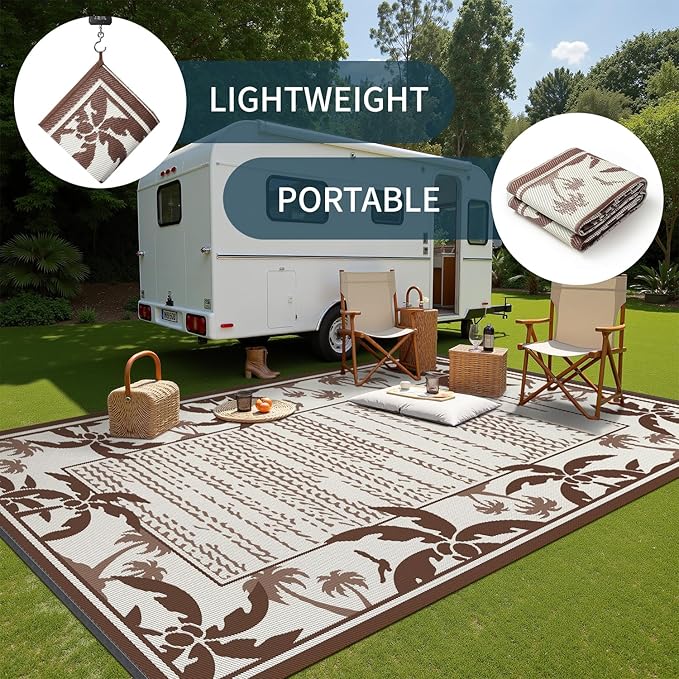 COCOER Outdoor-Rug 5x8 ft Waterproof Reversible Outdoor Plastic Straw Rug RV Indoor Outdoor Carpet Quick Dry Patio Rug Camping Mat for Balcony Backyard Picnic Beach-Brown&Beige