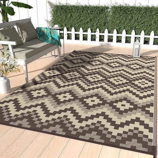 GENIMO Outdoor Rug Waterproof 6x9 ft, Lightweight Plastic Straw Rugs, Outside Reversible Area Mat Carpet for Patio, Camping, RV, Deck, Balcony, Porch, Backyard, Coffee & Beige