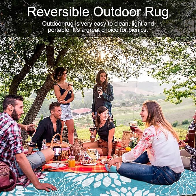 Ileading Reversible Outdoor Rug 5x8Ft Waterproof Patio Rug Carpet Portable Outdoor Plastic Straw Rug Large RV Camping Mat Rug for Patio, Clearance, Deck, Beach, Porch, Camping, Picnic, Flower Teal