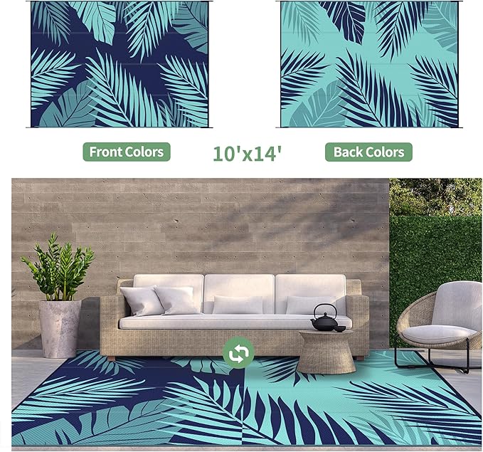 GENIMO Outdoor Rug 10' x 14' Waterproof for Patios Clearance, Reversible Outdoor Plastic Straw Camping Rug Carpet, Large Area Rugs Mats for RV, Camper, Deck, Balcony, Porch, Beach, Navyblue&Jadegreen
