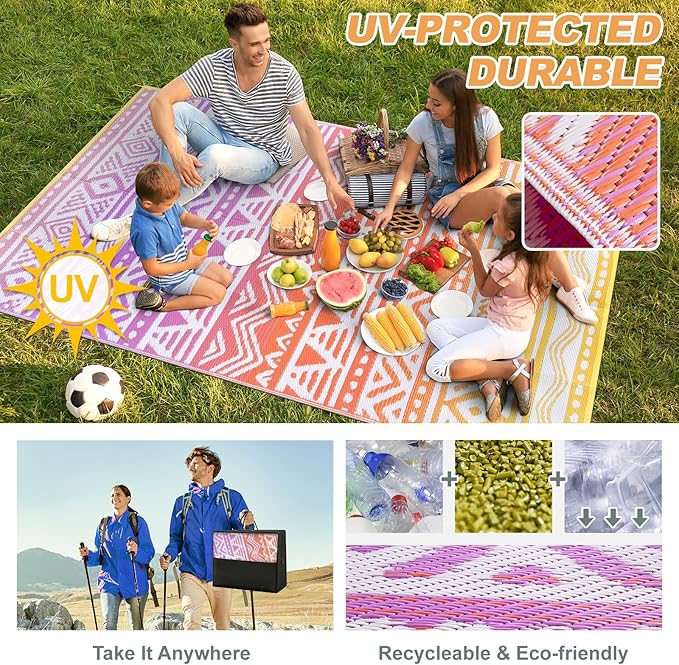 Lahome Outdoor Plastic Straw Rug, Reversible Outdoor Rug Waterproof 9x12 Rugs for Patio, RV Camping Rug Picnic Mat Outside Large Carpet for Beach Deck Backyard Balcony(Orange/Purple,9'x 12')