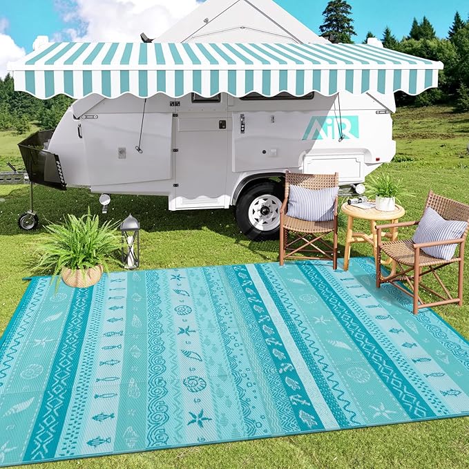 Lahome Outdoor Rug 8x10 Patio Waterproof, Reversible Outdoor Plastic Straw Rug for Camping, RV Patio Rugs Outside Large Carpet for Porch Deck Backyard Picnic(Blue/Multi,8'x 10')
