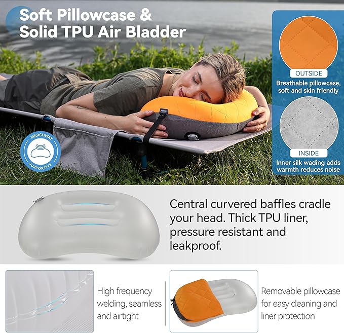 MARCHWAY Ultralight Inflatable Camping Pillow with Soft Washable Cover, Compact Compressible Portable Travel Air Pillow for Outdoor Camp, Sport, Hiking, Backpacking Sleep (Orange)