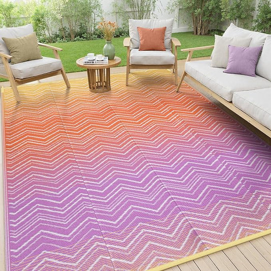 Lahome Colorful Waterproof Outdoor Rug 8x10, Reversible Outdoor Plastic Straw Rug for Patios, Outside RV Mat Carpet for Deck Porch Backyard Balcony Picnic Trailer (Orange/Purple, 8' x 10')