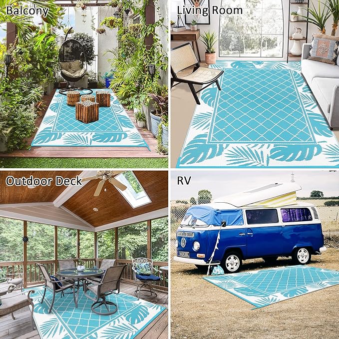 Ileading Outdoor Rug Carpet for Patio 5' x7' Waterproof Reversible Plastic Straw Rug Portable Outside Area Rug Camping Mat for Patio, Clearance, Balcony, Picnic, Pool, Beach, RV, Deck, Leaf Teal
