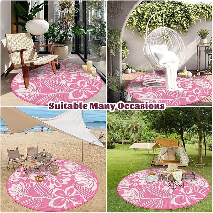 Ileading Round Outdoor Plastic Straw Rug 6ft Funny Floral Style Reversible Patio Area Rugs Waterproof Non Shedding Portable Carpets for Rv Outside Deck Pool Beach Picnic Camping (Pink)