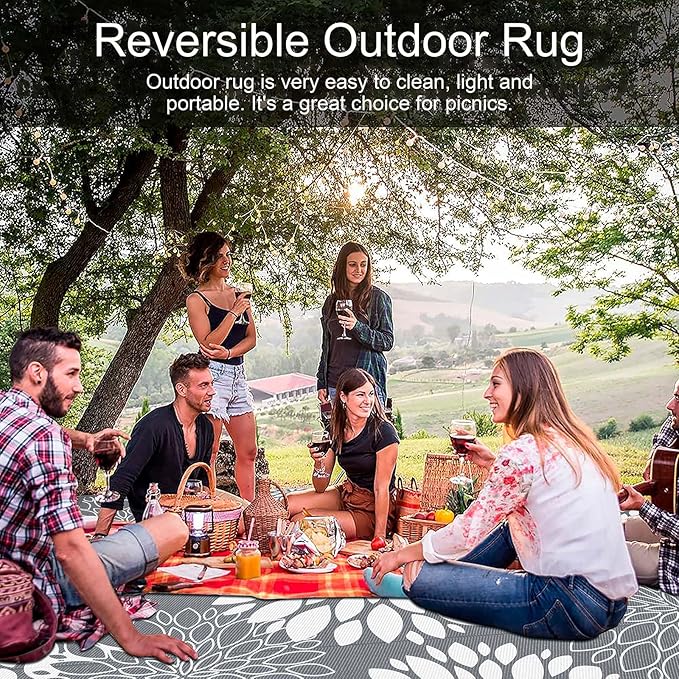 Ileading Reversible Outdoor Rug 8x10Ft Waterproof Patio Rug Carpet Portable Outdoor Plastic Straw Rug Large RV Camping Mat Rug for Patio, Clearance, Deck, Beach, Porch, Camping, Picnic, Grey