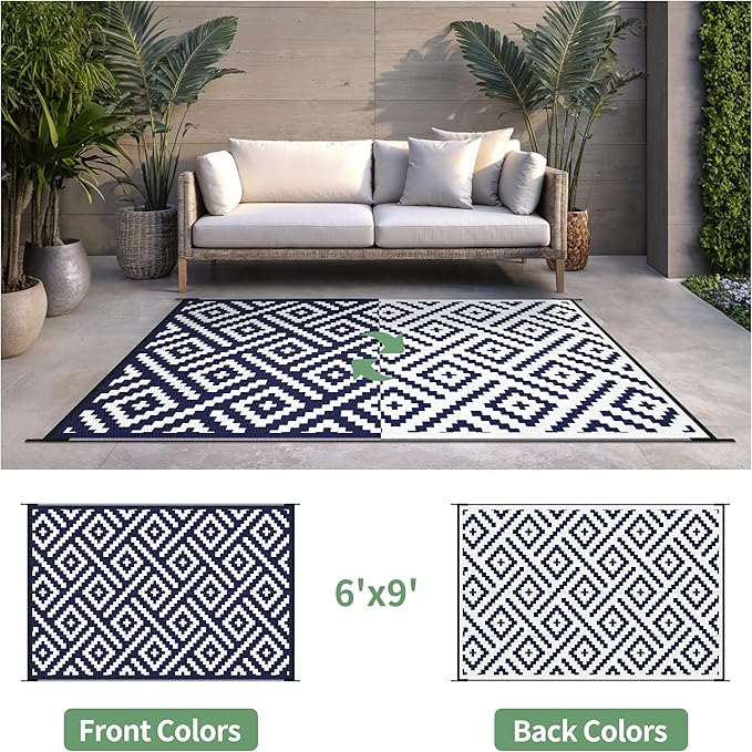 Outdoor Rug for Patio - Waterproof Plastic Straw Camping Rugs 6x9 ft, Reversible Outdoor Indoor RV Mat Carpet for Patio, Porch, Deck, Balcony, Picnic, Beach, Blue White