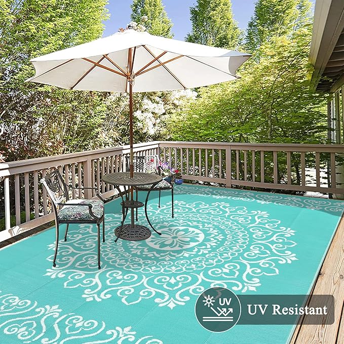 Pauwer Waterproof Outdoor Rug 6x9, Reversible Plastic Straw Patio Camping Rug, Indoor Outdoor RV Mat Carpet for Deck, Camper, Porch, Balcony, Backyard, Picnic, Floral Light Blue