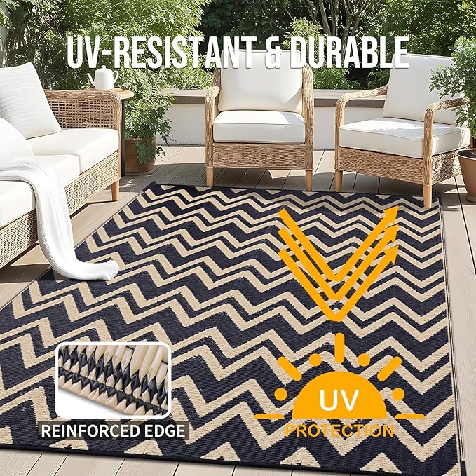 OLANLY Waterproof Outdoor Rug 9x12 ft Clearance, Reversible Outdoor Plastic Straw Rug, RV Mat, Indoor Outdoor Carpet for Patio, Camping, Balcony, Deck, Backyard, Black & Beige