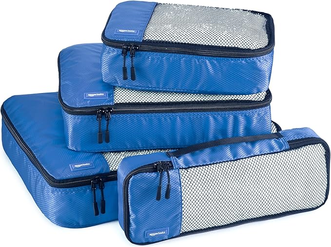 Amazon Basics Packing Cubes for Travel, Packing Organizers Set, 4-Piece-Set (Slim, Small, Medium, Large) With Double Zipper Pulls and Mesh Top Panel, 100% Durable Polyester, Blue