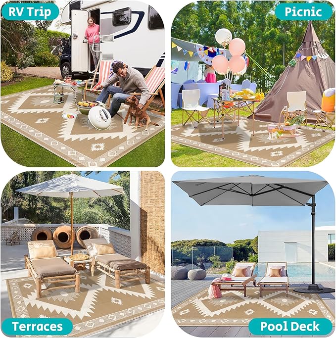 HEBE Outdoor Rug 8'x10' Waterproof for Patios Clearance, Reversible Plastic Straw Rug Camping Carpet, Indoor Outdoor Area Rugs Patio Mats for RV,Picnic,Backyard,Deck,Balcony,Porch