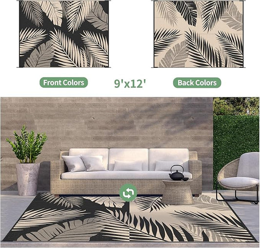 GENIMO Outdoor Rug 9' x 12' Waterproof for Patios Clearance, Reversible Outdoor Plastic Straw Camping Rug Carpet, Large Area Rugs Mats for RV, Camper, Deck, Balcony, Porch, Beach, Picnic, Black&Beige