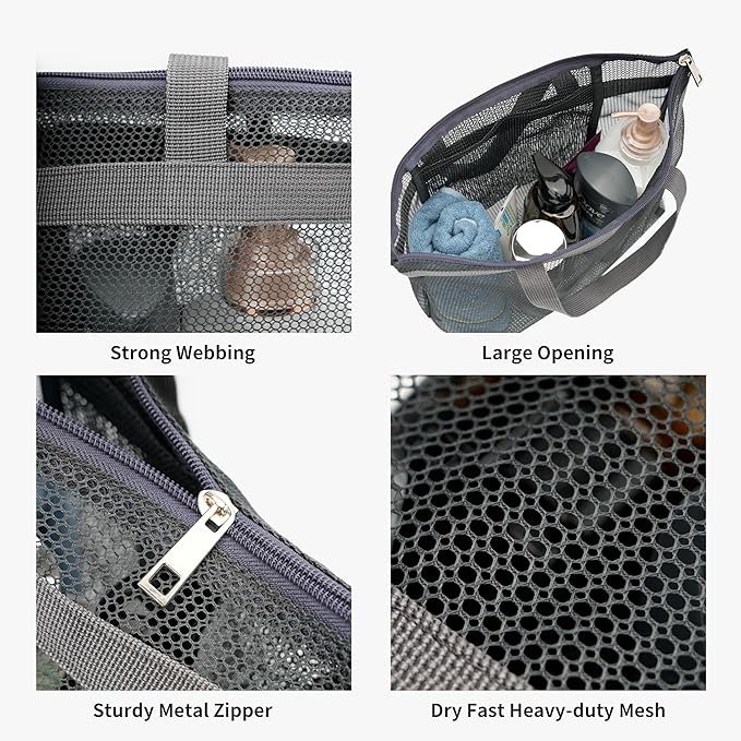 Portable Mesh Shower Caddy Tote Bag Hanging Toiletry Bag with Zipper for Travel, Bath, Gym, Beach, Camping, Dorm