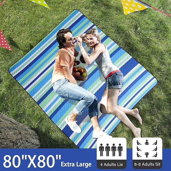 HX&OD Extra Large Picnic Blanket Outdoor 80”x80” Waterproof Picnic Mat Foldable 3-Layer Camping Blanket Portable with Carry Strap Park Blanket for Grass(Blue)
