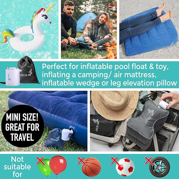 CIRCA AIR Mini Portable Air Pump for Inflatables, Mini Air Pump for Mattress Sleeping Pad, Rechargeable USB Small Air Pump, Travel Vacuum Pump, Tiny Portable Inflator Pump, Pool Float Pump for Toys